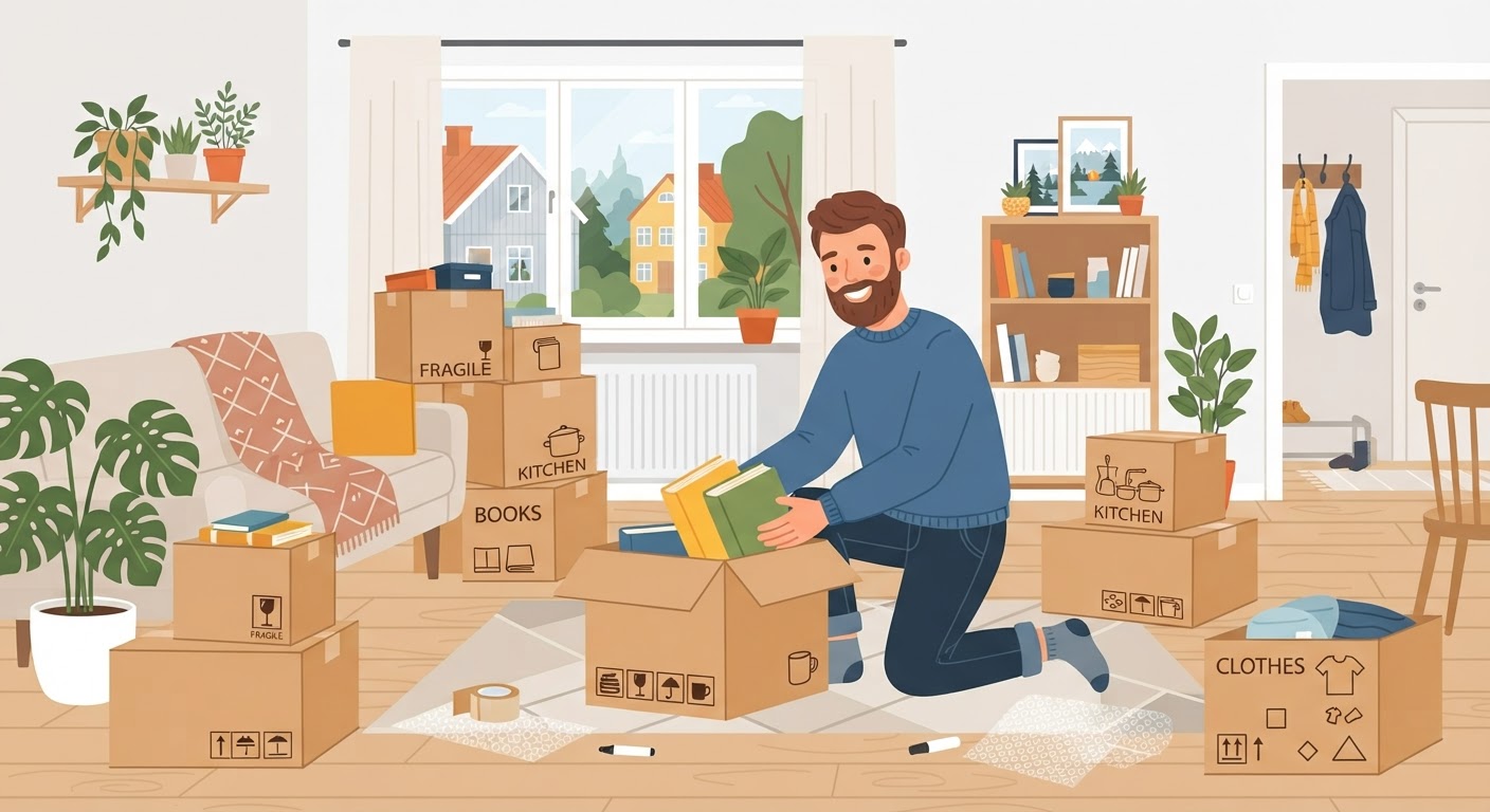 Illustration av packning av flyttkartonger i en lägenhet
